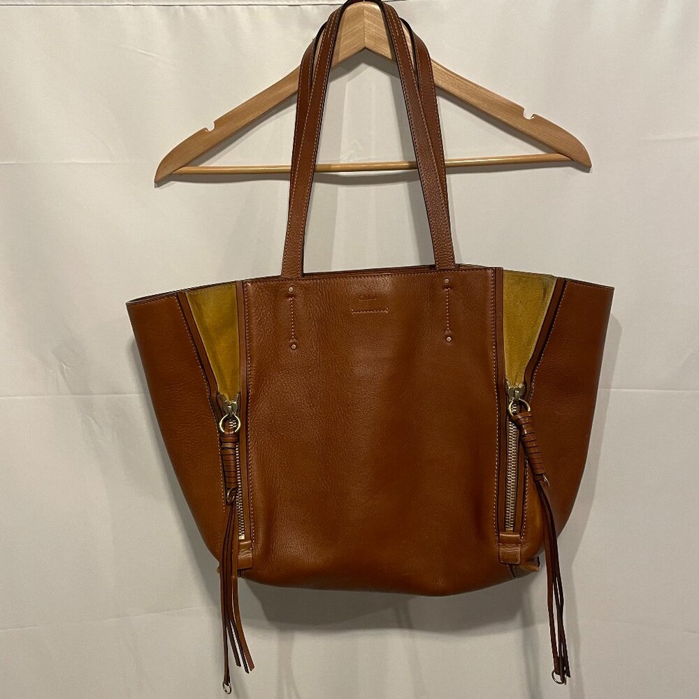 Chloe Milo Tote in Brown Leather with Tan Suede & Magnetic Gold Snap Closure